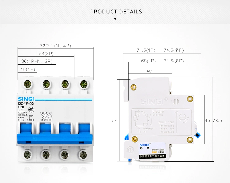 Manufacture Air Low Voltage Circuit Breakers Singi 3p 4p Electric Breaker DC Dz47-63