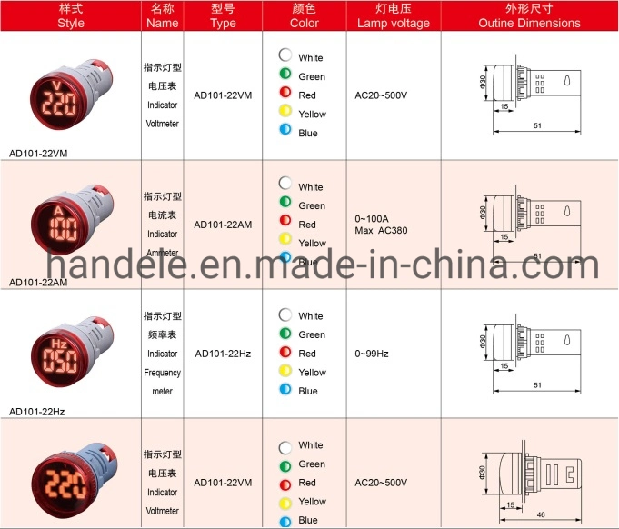 22mm AC50-500V 0-100A LED Mini Voltage Pilot Indicator